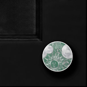 Solar Mystique   Dusty Green Silver Moon Stars Sun Ceramic Knob
