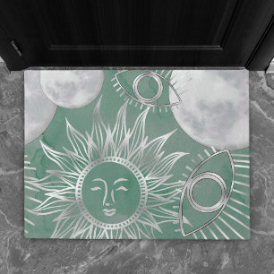 Solar Mystique Dusty Green Silver Moon Stars Sun Doormat