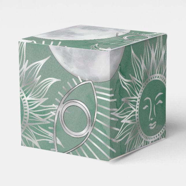 Solar Mystique | Dusty Green Silver Moon Stars Sun Favor Box (Front Side)