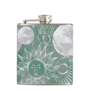Solar Mystique   Dusty Green Silver Moon Stars Sun Hip Flask