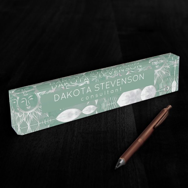 Solar Mystique | Dusty Green Silver Moon Stars Sun Nameplate (Creator Uploaded)