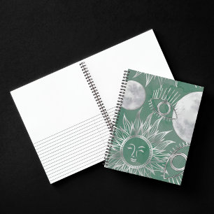 Solar Mystique Dusty Green Silver Moon Stars Sun Notebook