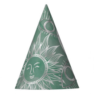 Solar Mystique Dusty Green Silver Moon Stars Sun Party Hat
