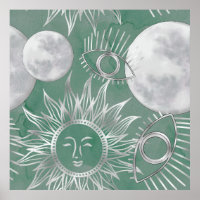 Solar Mystique | Dusty Green Silver Moon Stars Sun