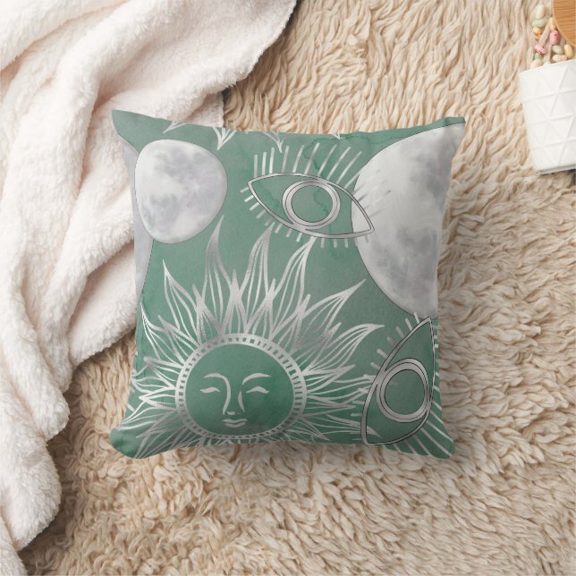 Solar Mystique | Dusty Green Silver Moon Stars Sun Throw Pillow (Blanket)