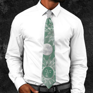 Solar Mystique Dusty Green Silver Moon Stars Sun Tie