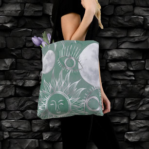 Solar Mystique Dusty Green Silver Moon Stars Sun Tote Bag