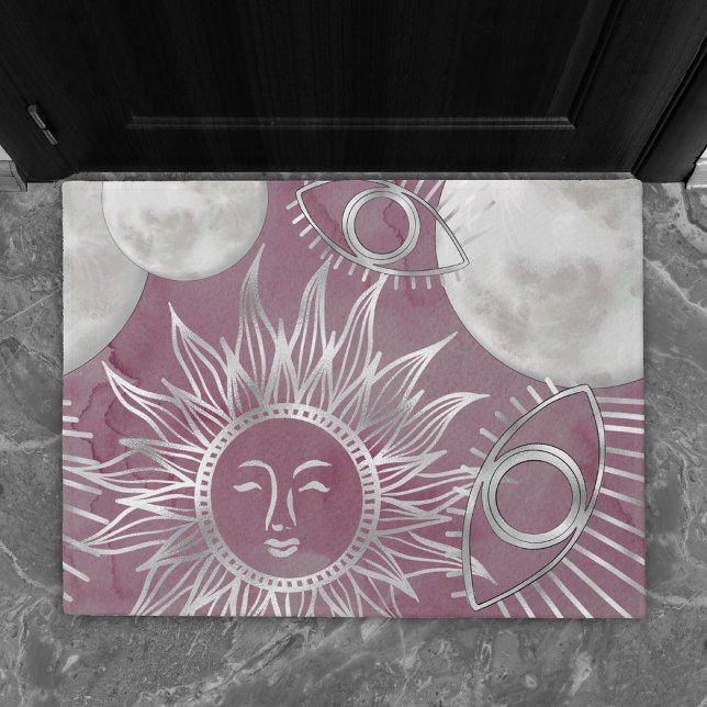 Solar Mystique | Pink Silver Moon Stars Sun Eyes Doormat (Creator Uploaded)