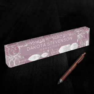 Solar Mystique Pink Silver Moon Stars Sun Eyes Nameplate