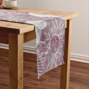 Solar Mystique   Pink Silver Moon Stars Sun Eyes Short Table Runner