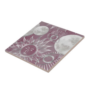Solar Mystique   Pink Silver Moon Stars Sun Eyes Tile