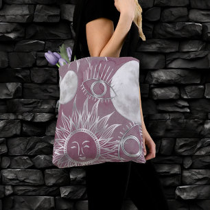 Solar Mystique   Pink Silver Moon Stars Sun Eyes Tote Bag
