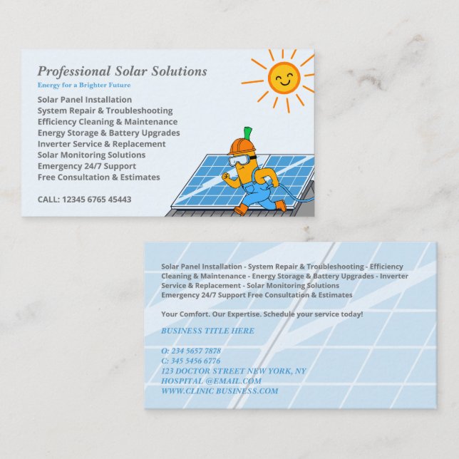 Solar Panel Clean Maintenance Installation Cartoon Business Card (Front/Back)