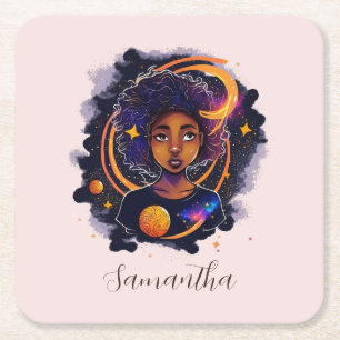 Solar System Afro Woman Square Paper Coaster