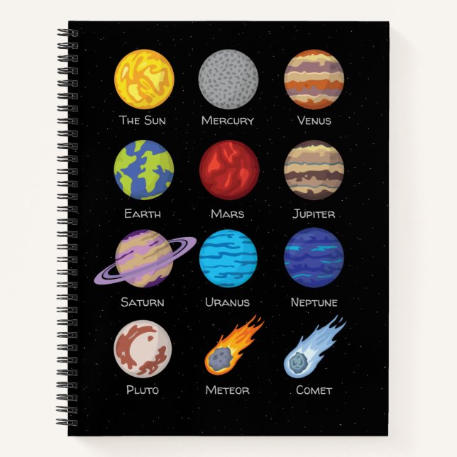 Solar system, Cartoon drawing of the planets Noteb Notebook (Front)