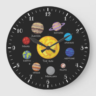 Solar system cartoon drawing planets outerspace large clock