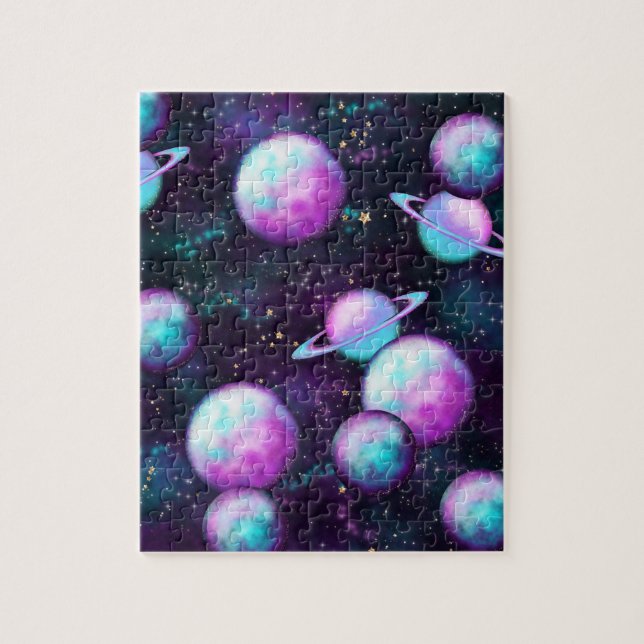 Solar System Glow | Cosmic Blue Purple Pink Planet Jigsaw Puzzle (Vertical)