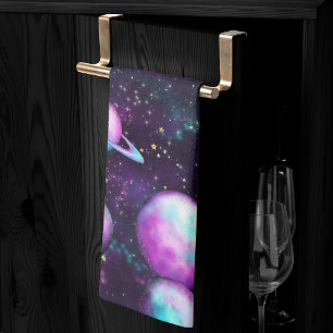 Solar System Glow   Cosmic Blue Purple Pink Planet Kitchen Towel