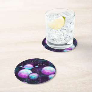 Solar System Glow Cosmic Blue Purple Pink Planet Round Paper Coaster