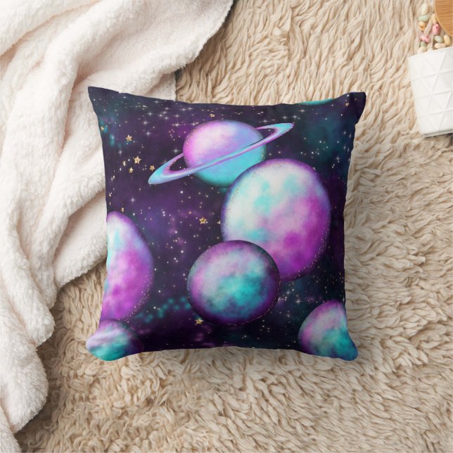 Solar System Glow | Cosmic Blue Purple Pink Planet Throw Pillow (Blanket)