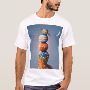 Solar System Ice Cream Cone - Surreal Cosmic Art T-Shirt