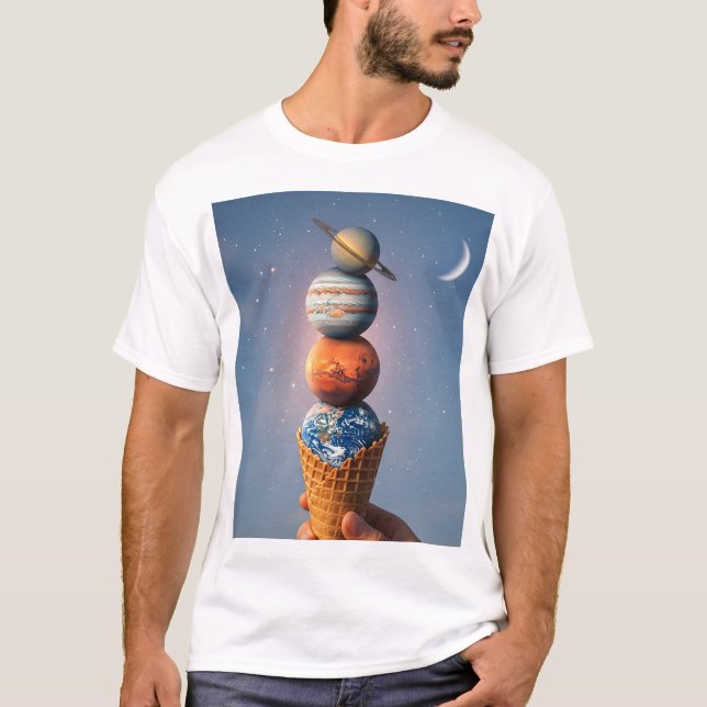 Solar System Ice Cream Cone - Surreal Cosmic Art T-Shirt (Front)