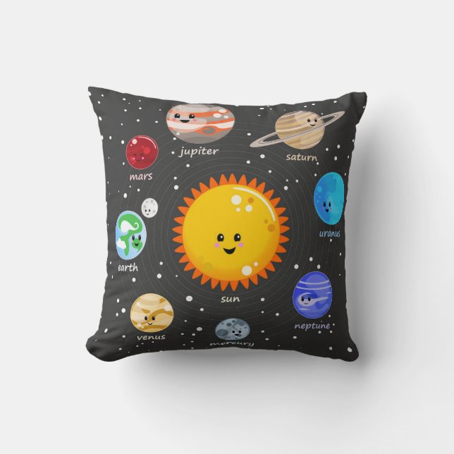 Solar system kawaii illustration sun and planets throw pillow (Front)