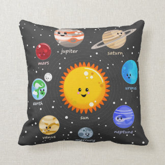 Solar system kawaii illustration sun and planets throw pillow