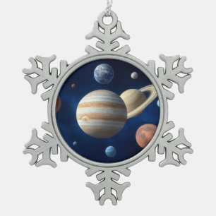 Solar System Montage Snowflake Pewter Christmas Ornament