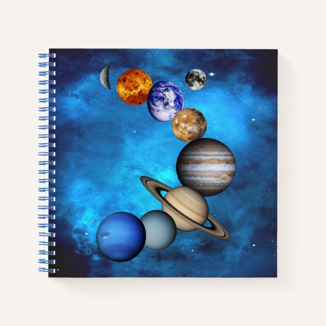 Solar System- Our Planets On  Deep Blue Starry Sky Notebook (Front)
