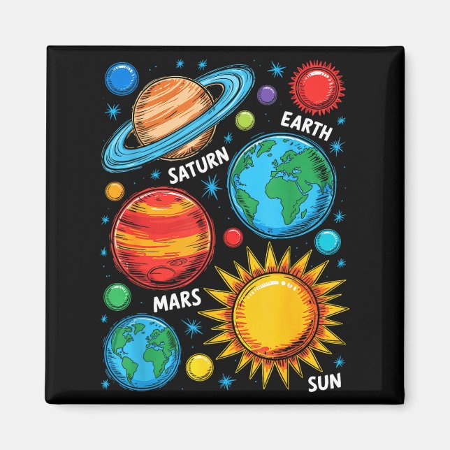 Solar System Planets Earth Mars Saturn Sun Sketch  Magnet (Front)