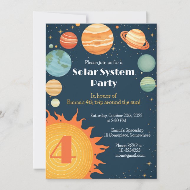 Solar system planets sun kids birthday invitation (Front)