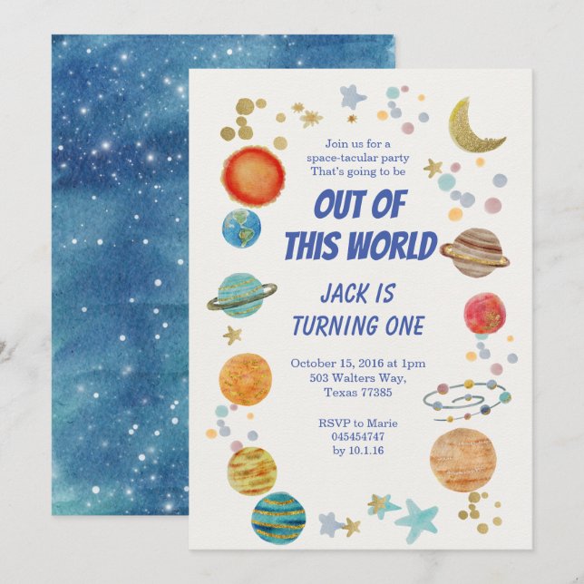 Solar System Watercolor BIrthday Party Invitation (Front/Back)