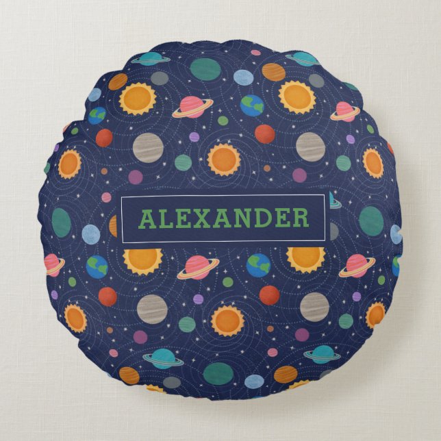 Solar System with Sun and Planets Personalized Round Pillow (Front)