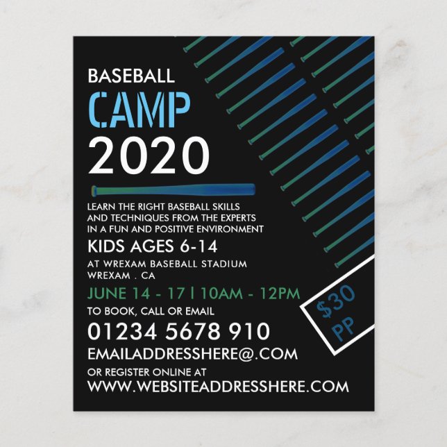 Solarised Baseball Bat, Baseball Camp Advertising Flyer (Front)