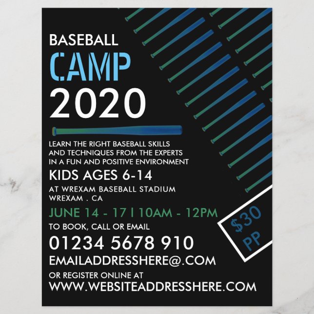 Solarised Baseball Bat, Baseball Camp Advertising Flyer (Front)