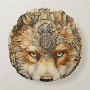 Solarpunk Red Wolf Steampunk inspiration Round Pillow