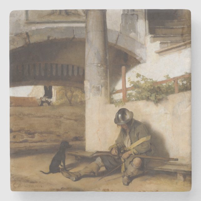 Soldier Guarding a Gate With his Pet Dog Stone Coaster (Front)