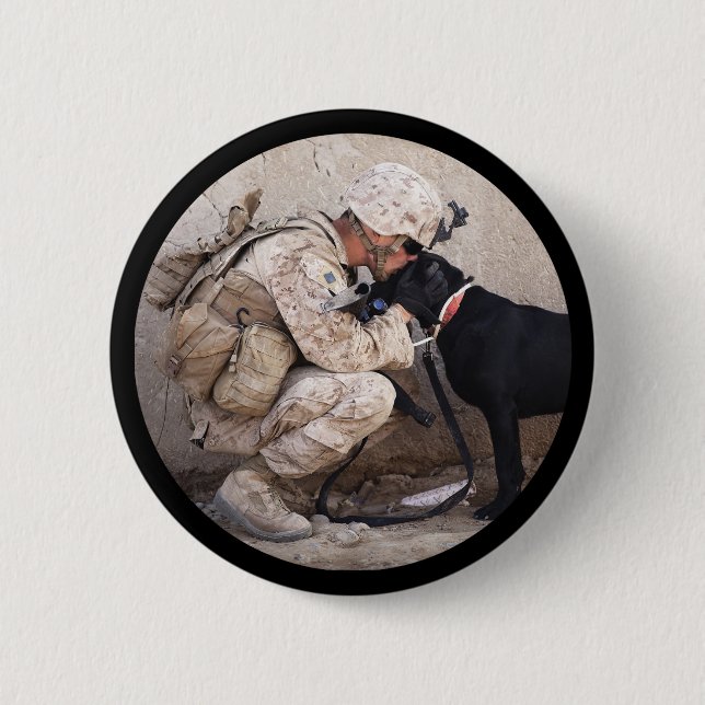 Soldier in Camo with MIlitary Dog 2 Inch Round Button (Front)