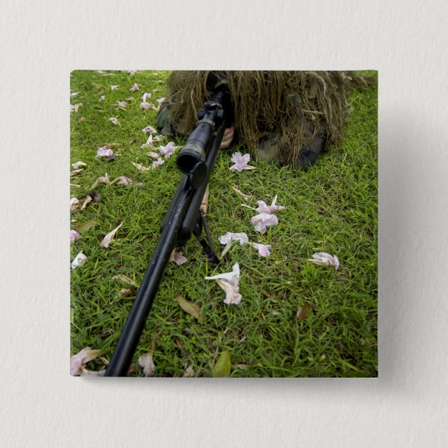 Soldier practices sniper tactics 2 inch square button (Front)