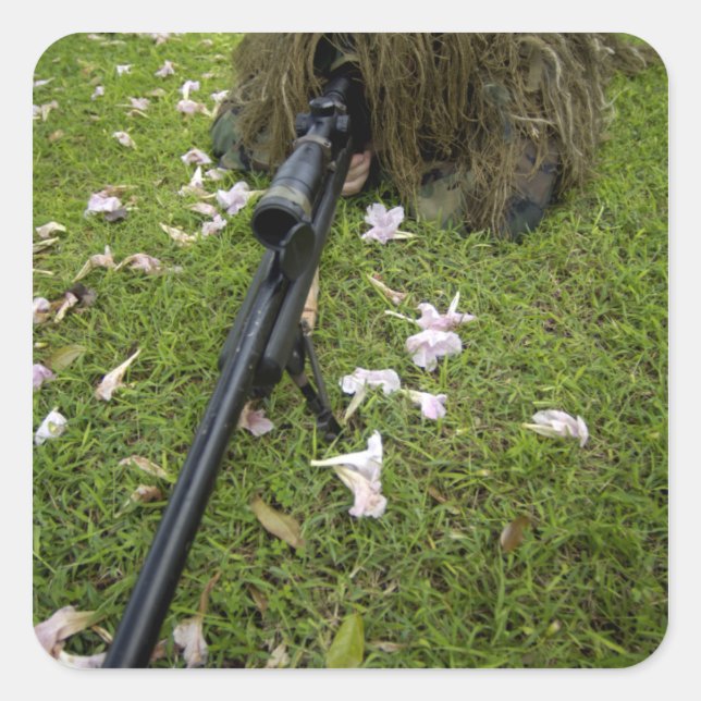 Soldier practices sniper tactics square sticker (Front)