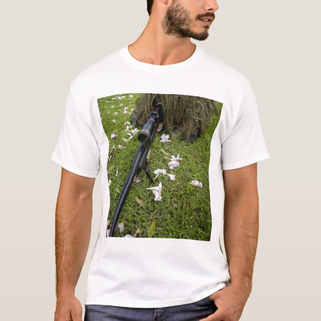 Soldier practices sniper tactics T-Shirt (Front)