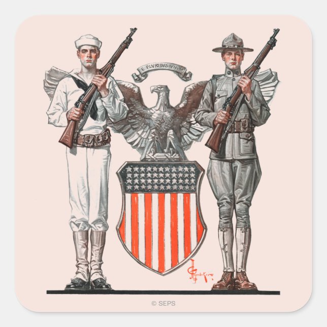 Soldier, Sailor and U.S. Shield Square Sticker (Front)