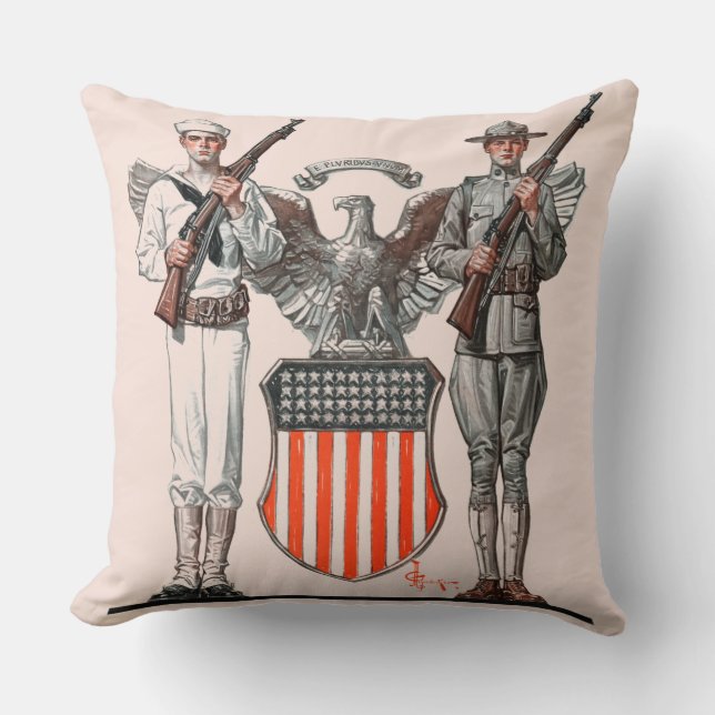 Soldier, Sailor and U.S. Shield Throw Pillow (Front)