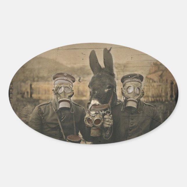 Soldiers Donkey and Gas Masks Oval Sticker (Front)