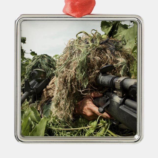 Soldiers dressed in ghillie suits metal ornament (Front)