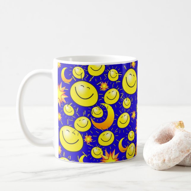 Soleil Jaune, Lune, Étoiles Bleu Mug (Avec donut)