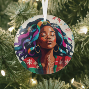 Solemn and Serene Christmas Black Woman Praying Glass Ornament