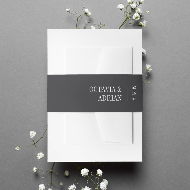 Solid Ash Black + Classic White Lettering Wedding Invitation Belly Band (Creator Uploaded)