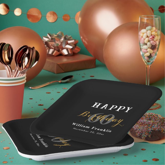 Solid Black 60th Birthday Party Celebration Square Paper Plate (Multi)